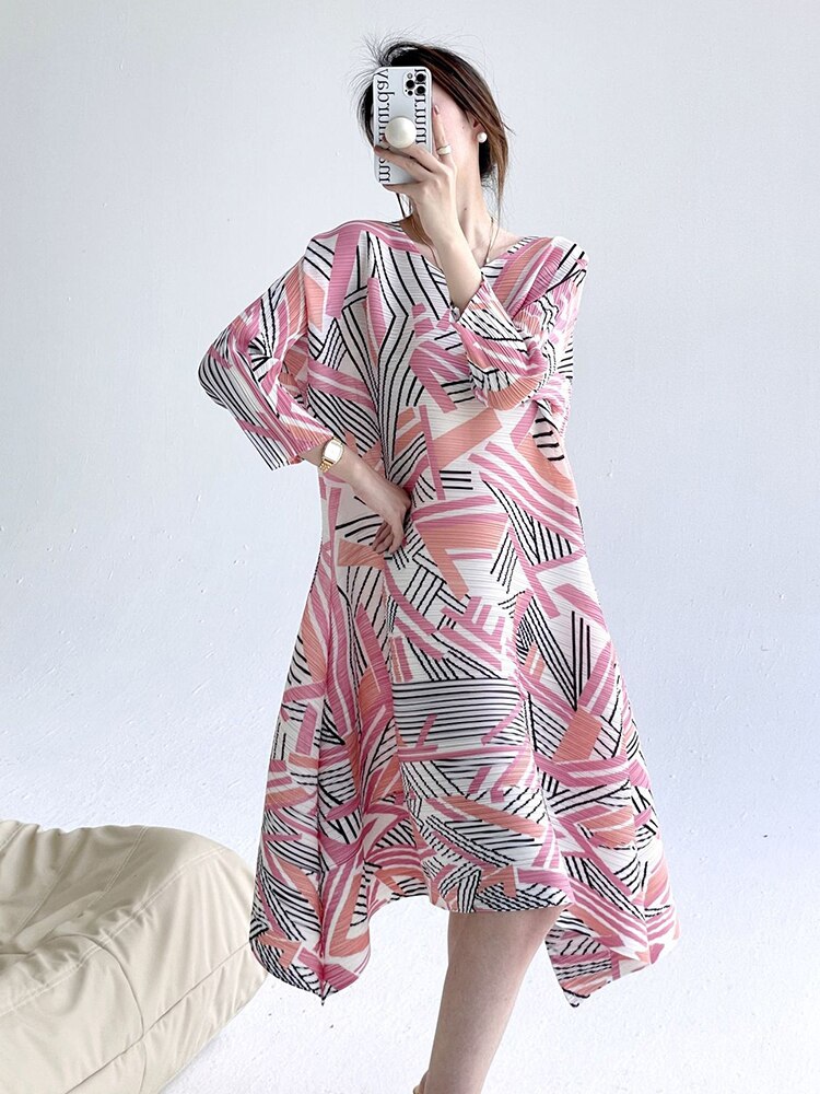 Pleated Dress For Women Contrast Color Printed Round Neck Long Sleeves A-line Dresses Designer