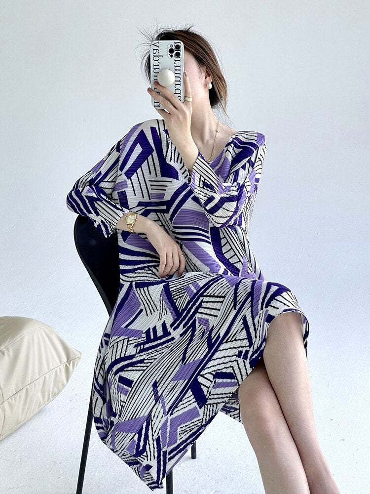 Pleated Dress For Women Contrast Color Printed Round Neck Long Sleeves A-line Dresses Designer