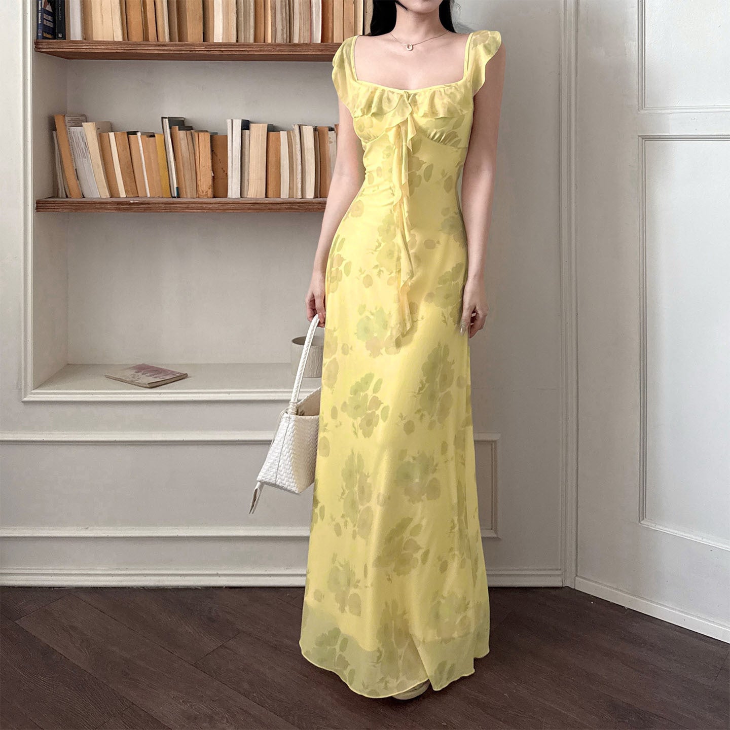 Lotus leaf edge printed summer sweet waist cinching dress for women