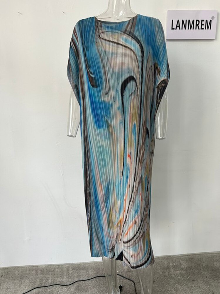 Holiday Pleated Dress For Women Designer Printed Round Neck Straight Dresses Casual Female Clothing