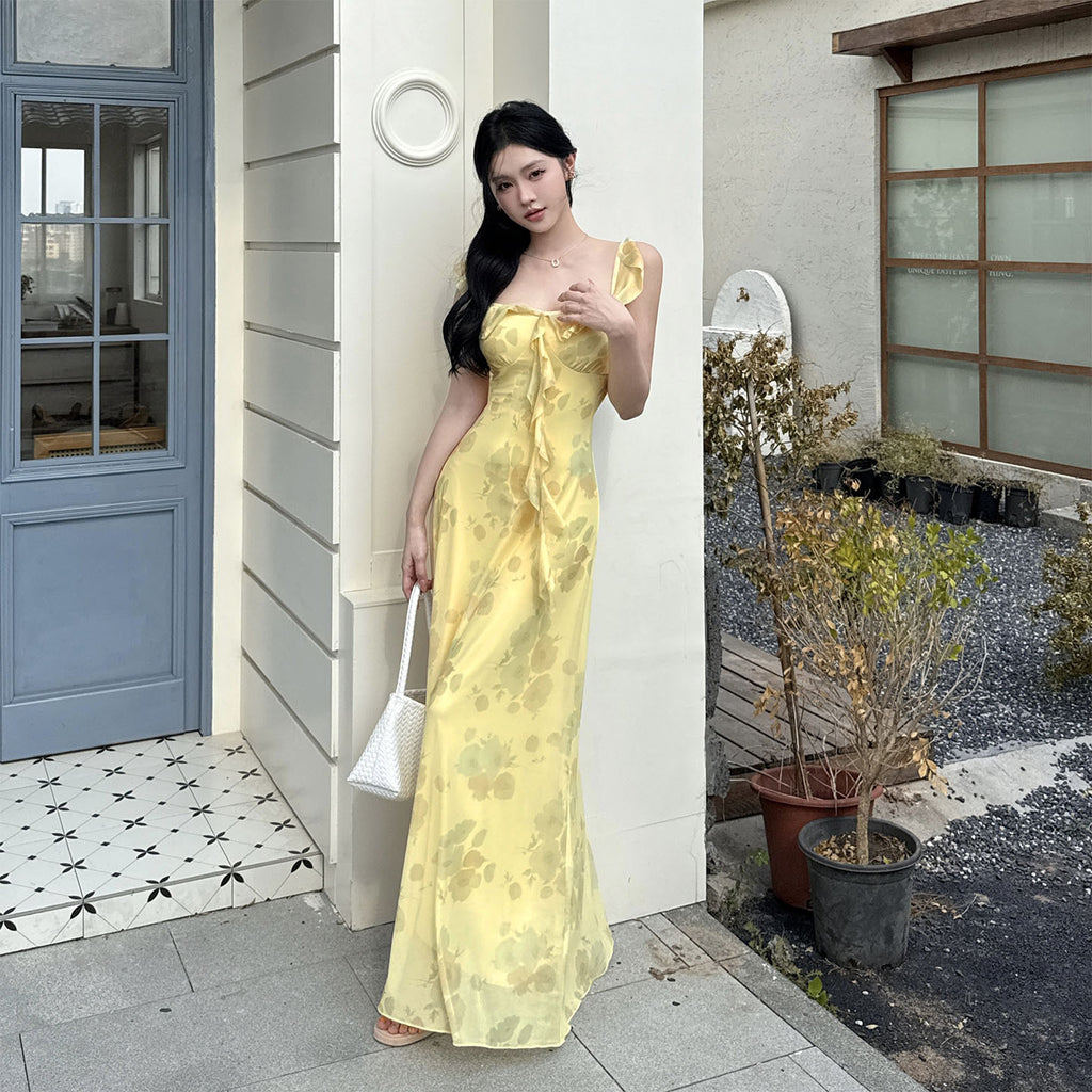 Lotus leaf edge printed summer sweet waist cinching dress for women