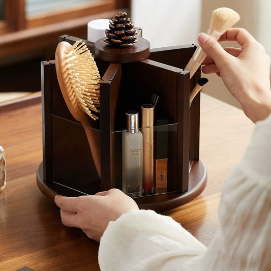 Walnut Storage Box Retro Elegant Rotating Cosmetic Skincare Vanity Desktop Organizer Shelf