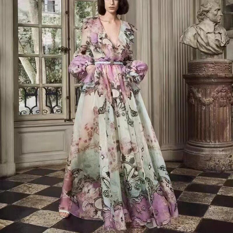 Runway Dress Women Summer Clothes Vintage Ruffles Floral Printed Lantern Sleeve Elegant Designer Brand Party Midi Dresses