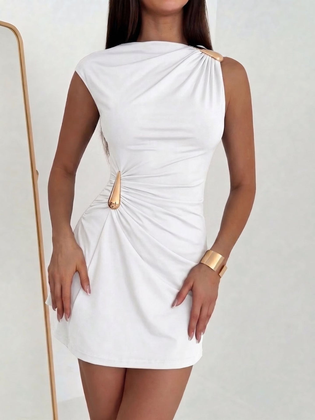 metallic buckle pleated fitted bodycon dress for women summer