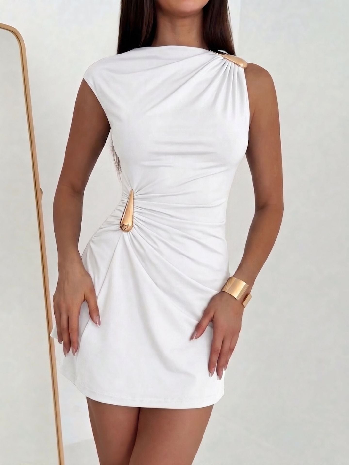 metallic buckle pleated fitted bodycon dress for women summer