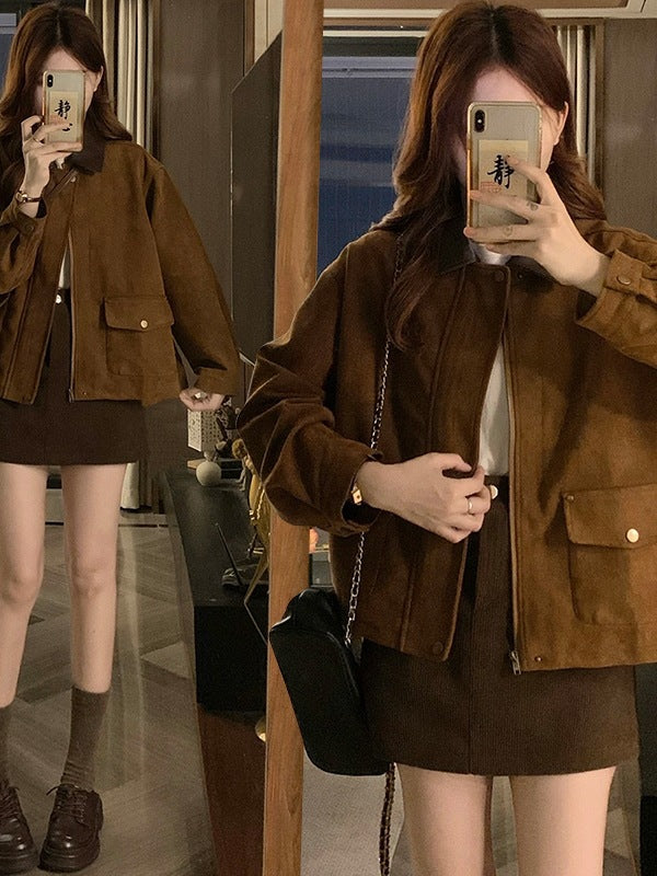 Chic Melange Brown Suede Jacket, Casual  Short Top