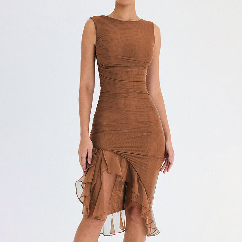 Fashionable mesh tight backless irregular pleated dress for summer women