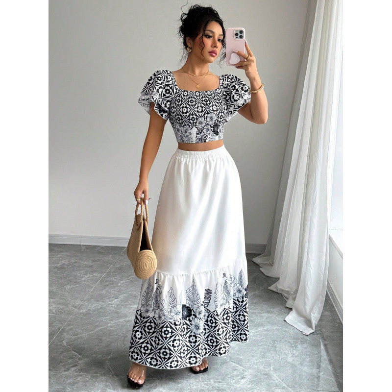 Elegant Summer Holiday Style Printed A-Line Dress Set for Women