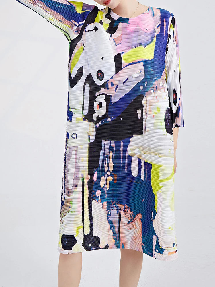 Printed Pleated Dress For Women Round Neck Long Sleeves Designer Casual Dresses Female Clothing
