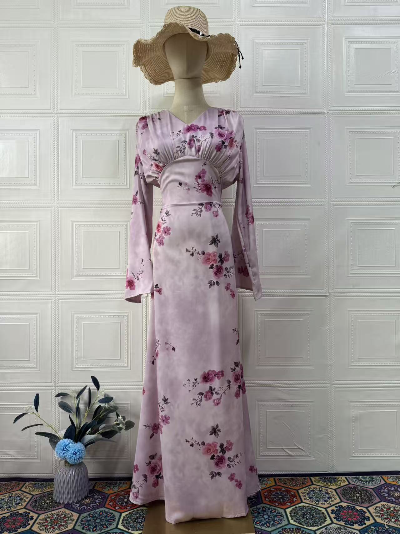 Elegant Soft Floral Summer Long Sleeve Maxi Dress for Women