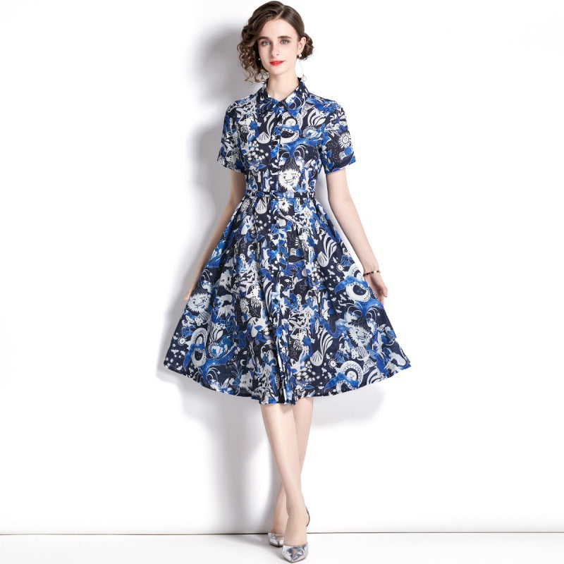 Blue Floral Printed Blouse Dress Women Turn-Down Collar Casual Short Sleeve High Waist Designer Traf Midi Dresses Party Clothes