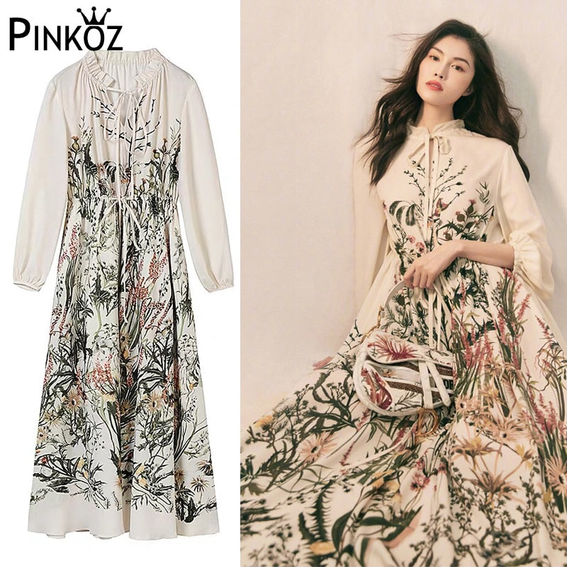Celebrity Designer Style French Tropical Floral Printed Loose Midi Dress Women Autumn Winter Long Sleeve Dresses