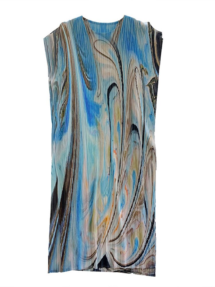 Holiday Pleated Dress For Women Designer Printed Round Neck Straight Dresses Casual Female Clothing