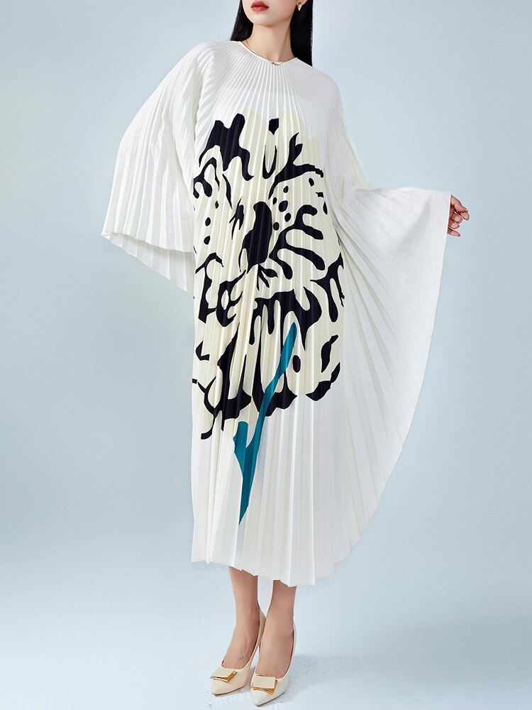 Printed Irregular Pleated Dress For Women Round Neck Batwing Sleeves Designer Dresses Casual Summer New 2YA3393