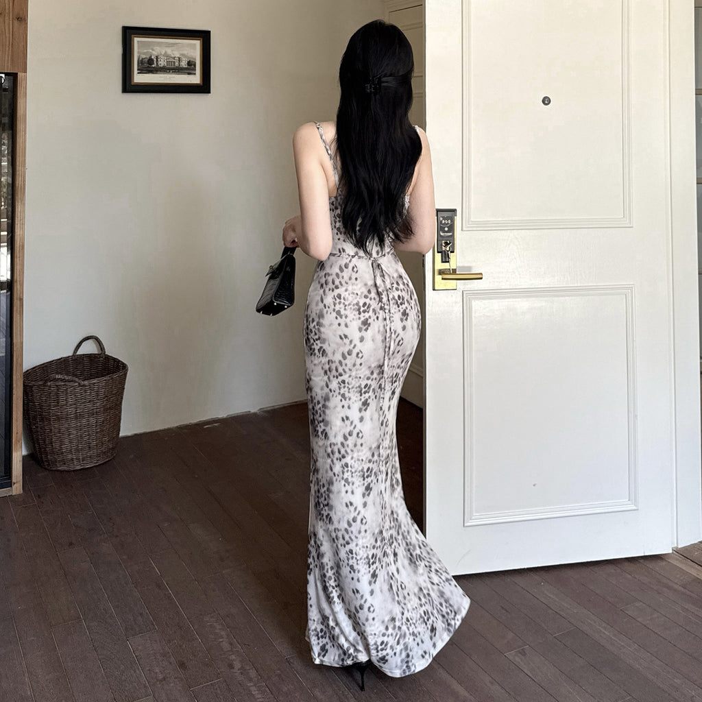 Leopard print suspender summer waist cinching dress for women