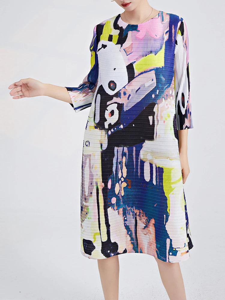 Printed Pleated Dress For Women Round Neck Long Sleeves Designer Casual Dresses Female Clothing