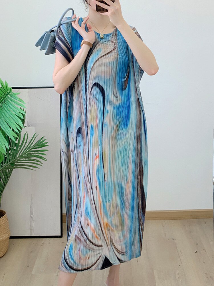 Holiday Pleated Dress For Women Designer Printed Round Neck Straight Dresses Casual Female Clothing