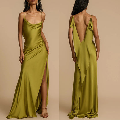 Chic Satin Strap Dress with Slit - Loose Casual Vacation Style for Women