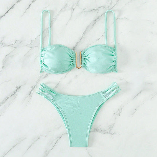 Solid Color Sexy Bikini Set, Three-Piece Beach Swimwear for Women