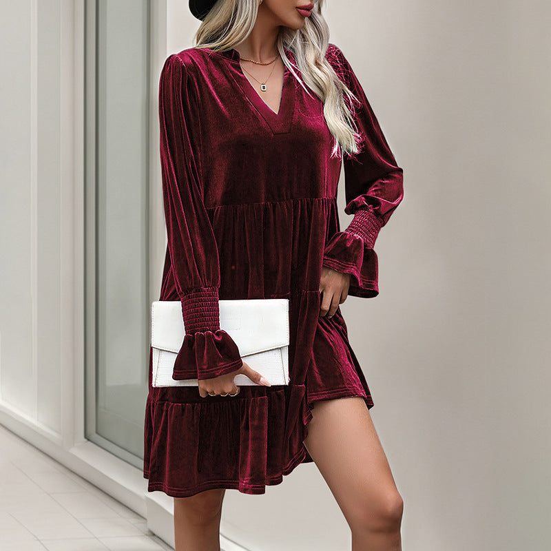 Long Sleeve Spliced Dress Evening Dress Velvet Dress