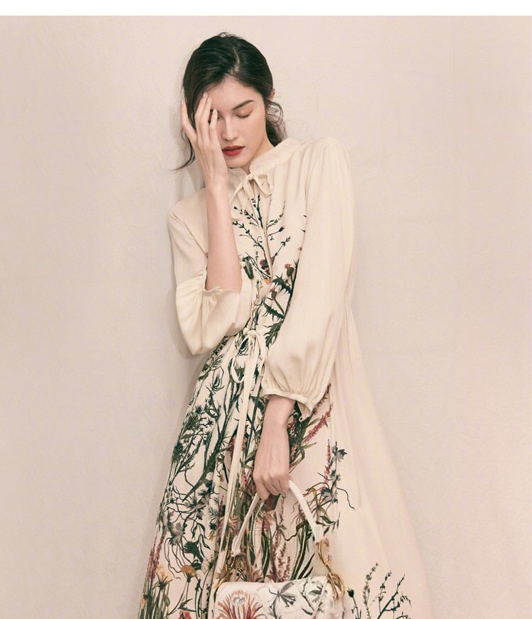 Celebrity Designer Style French Tropical Floral Printed Loose Midi Dress Women Autumn Winter Long Sleeve Dresses