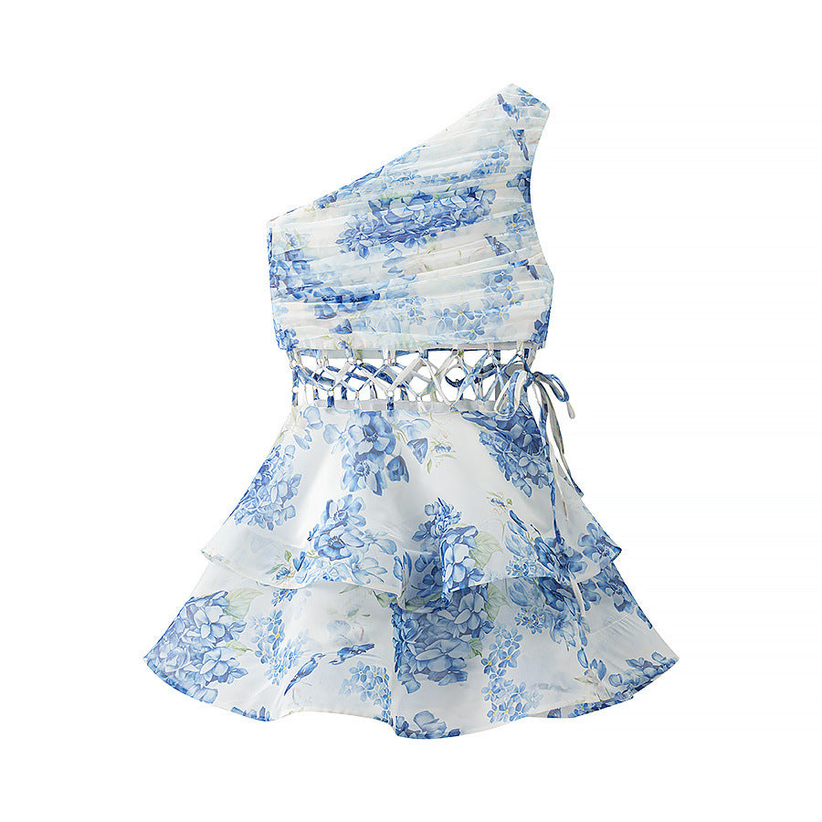 Single shoulder waist hollow waist collection floral dress for women