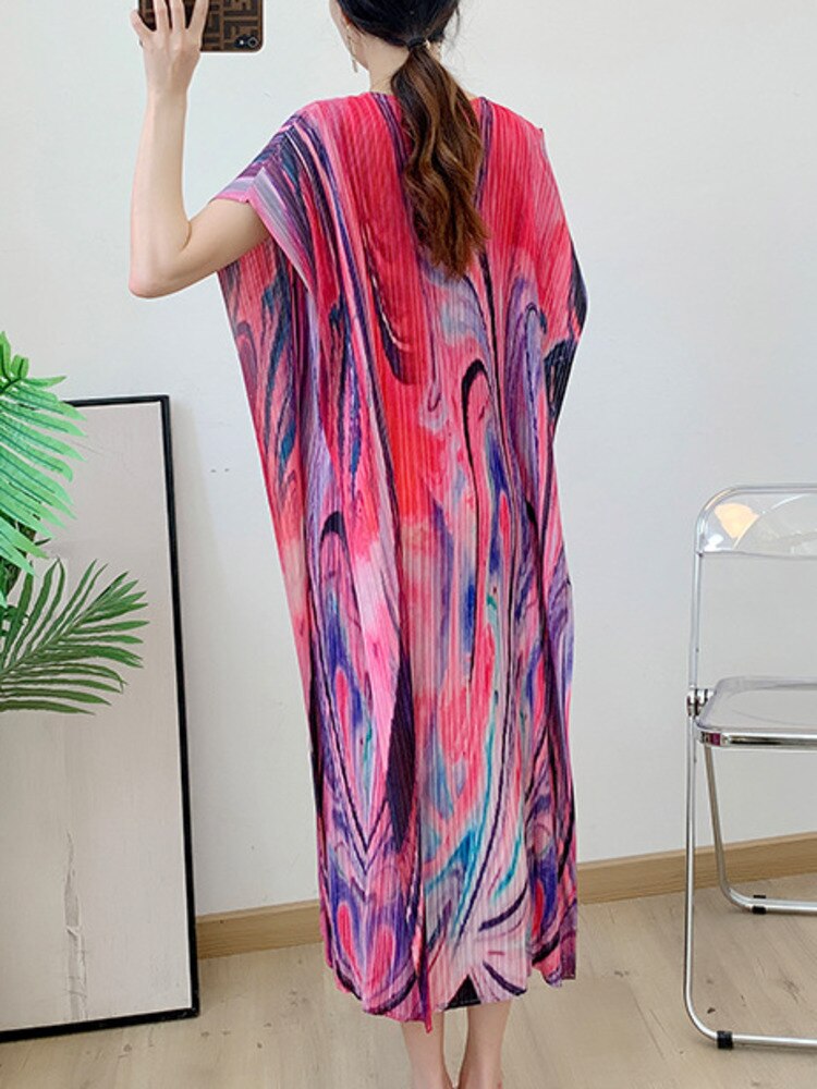 Holiday Pleated Dress For Women Designer Printed Round Neck Straight Dresses Casual Female Clothing