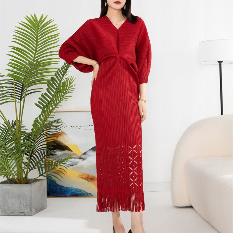 OFF high quality solid designer v-neck office work ladies maxi dresses for women new in zevity batwing sleeve elegant party robe