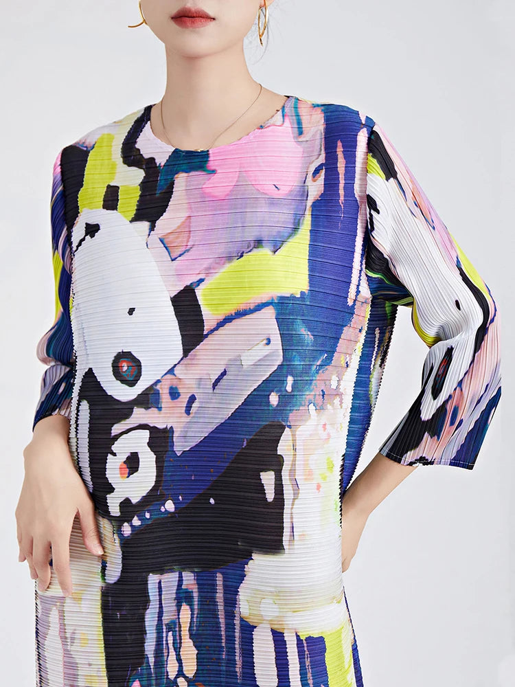 Printed Pleated Dress For Women Round Neck Long Sleeves Designer Casual Dresses Female Clothing