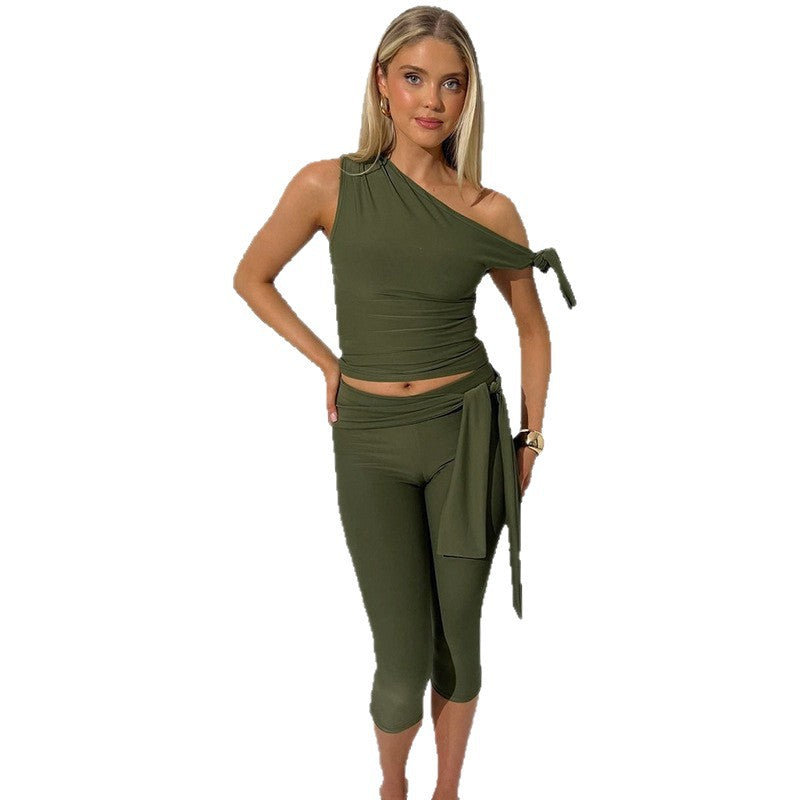 Slant neck solid color sleeveless top slim fit lace up shorts set