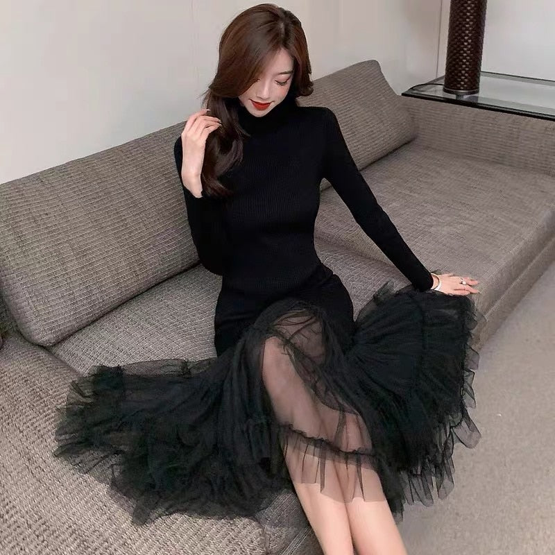 Designer Stylish Black Midi Dresses For Women Patchwork Ruffles Mesh Ruched Slimy Mermaid Party Dress