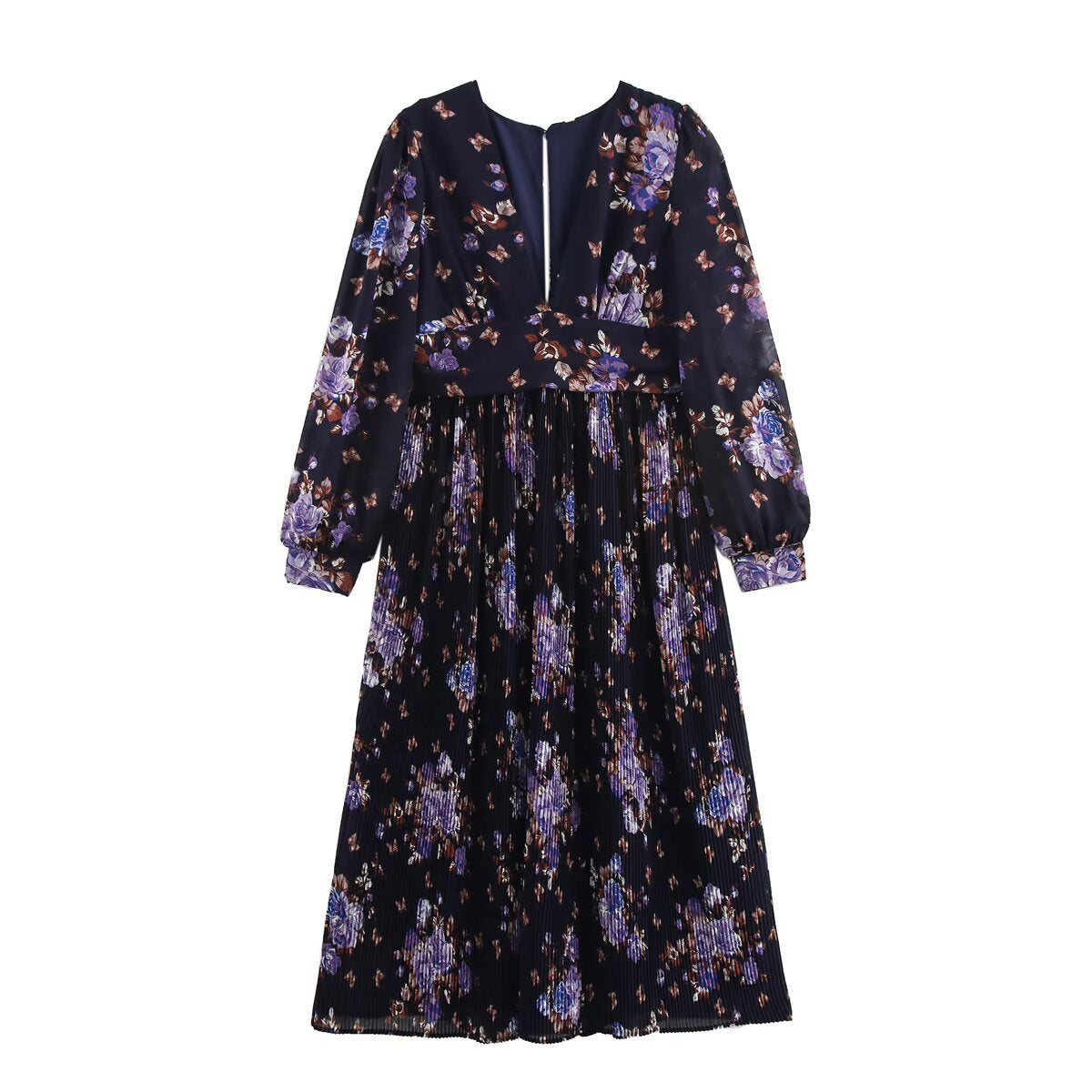 Summer V-neck loose chiffon printed pleated long dress for women