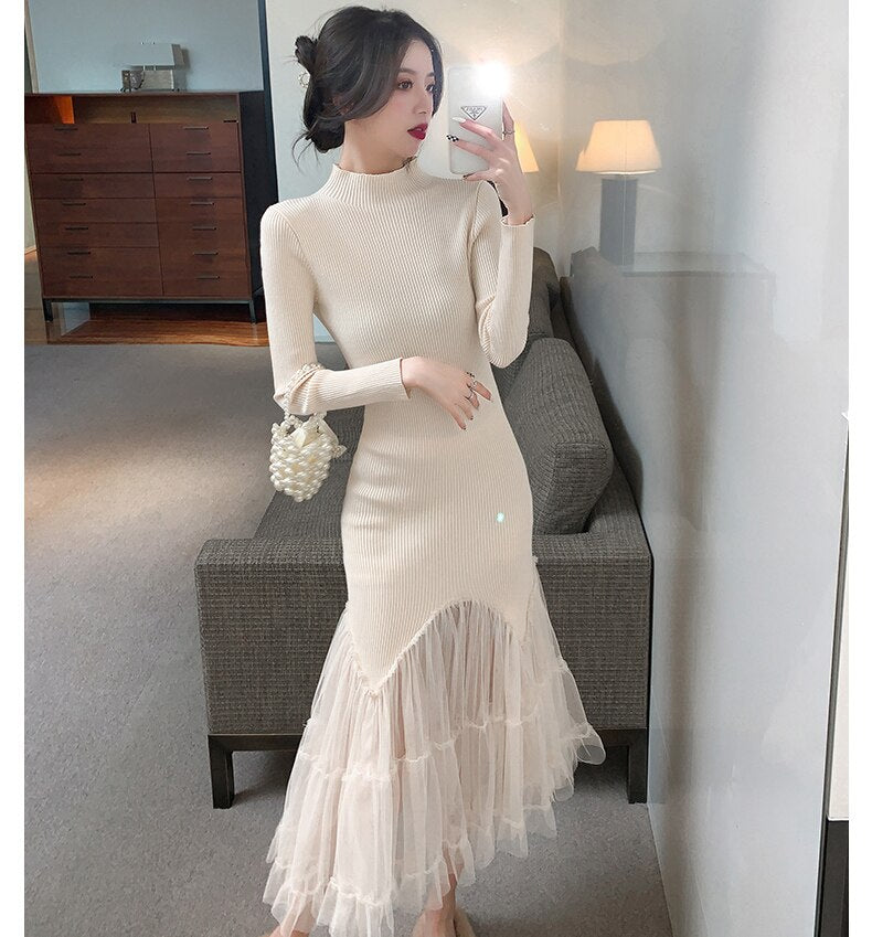 Designer Stylish Black Midi Dresses For Women Patchwork Ruffles Mesh Ruched Slimy Mermaid Party Dress
