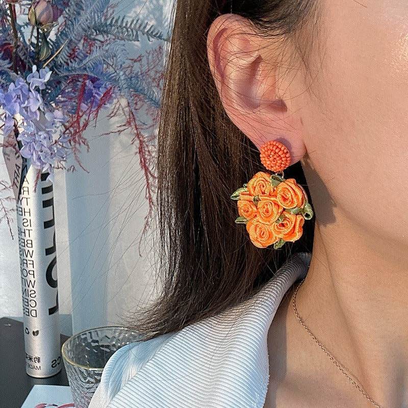 Sen series handmade fabric rose flower earrings