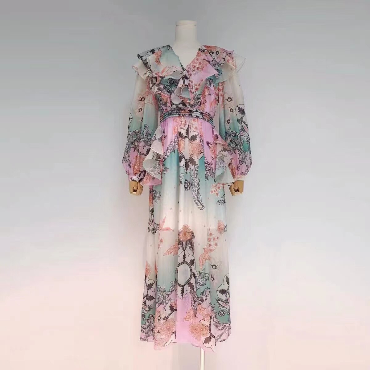 Runway Dress Women Summer Clothes Vintage Ruffles Floral Printed Lantern Sleeve Elegant Designer Brand Party Midi Dresses