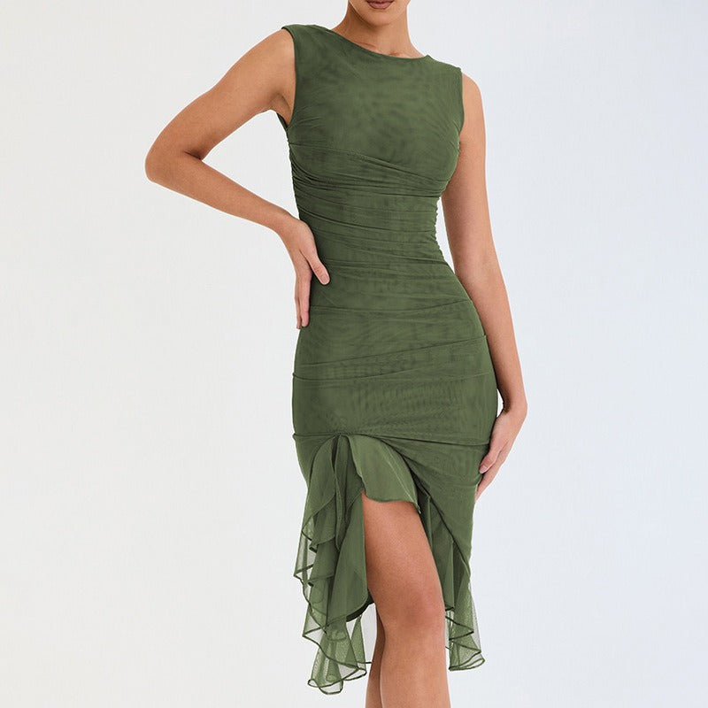 Fashionable mesh tight backless irregular pleated dress for summer women