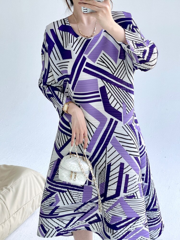 Pleated Dress For Women Contrast Color Printed Round Neck Long Sleeves A-line Dresses Designer