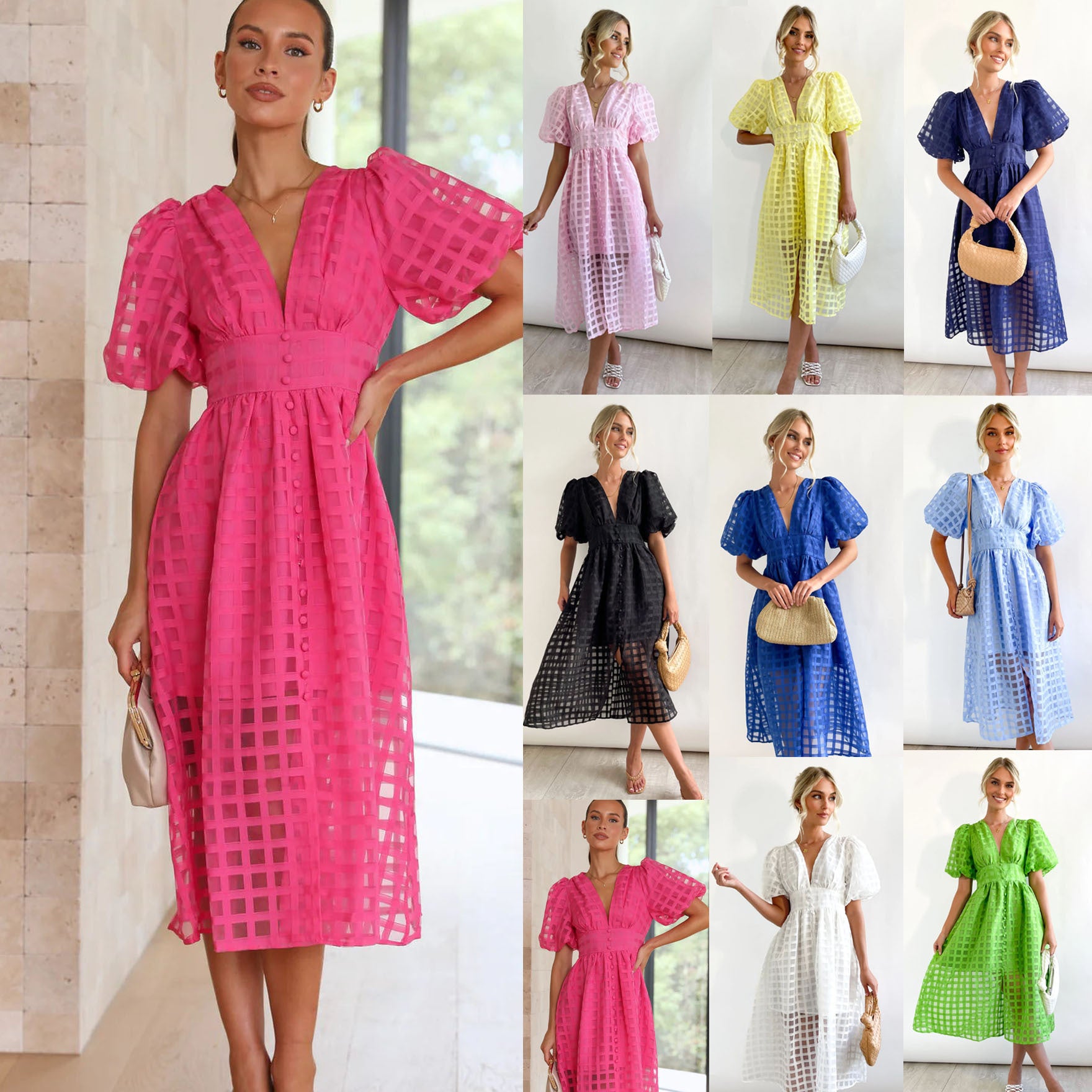 Fashionable Multi-color Lantern Sleeve Dress for Women - Casual and Party Wear