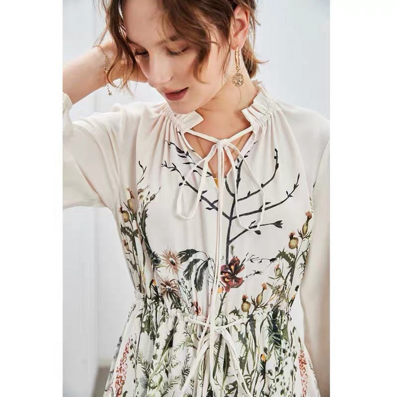 Celebrity Designer Style French Tropical Floral Printed Loose Midi Dress Women Autumn Winter Long Sleeve Dresses