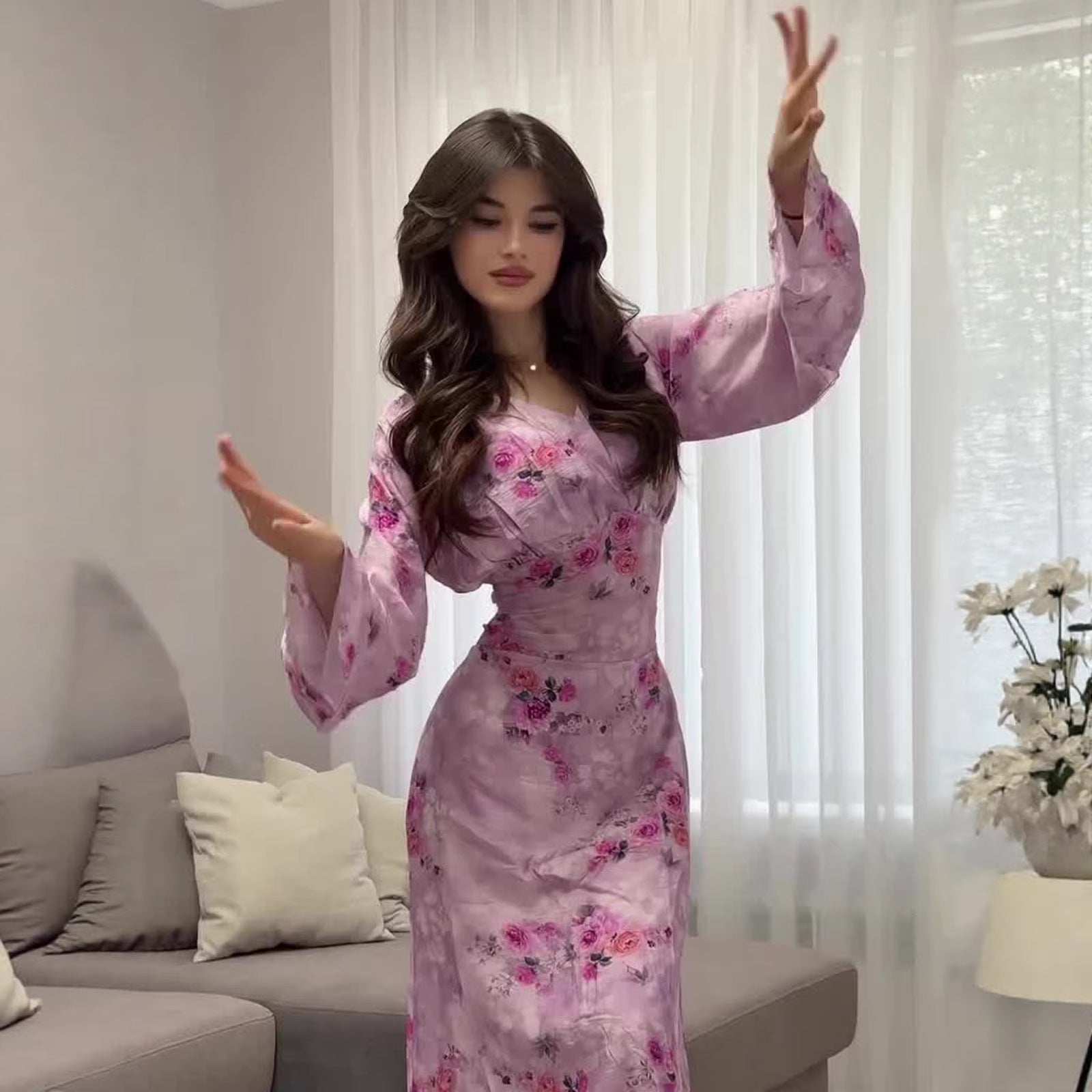 Elegant Soft Floral Summer Long Sleeve Maxi Dress for Women