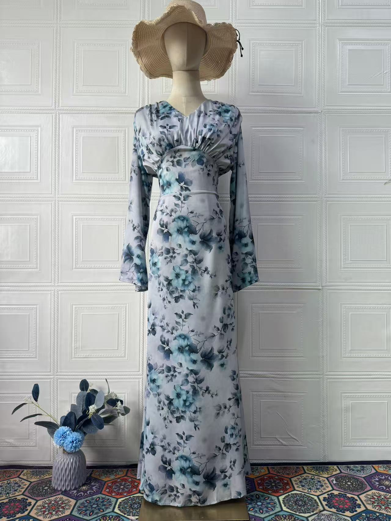 Elegant Soft Floral Summer Long Sleeve Maxi Dress for Women