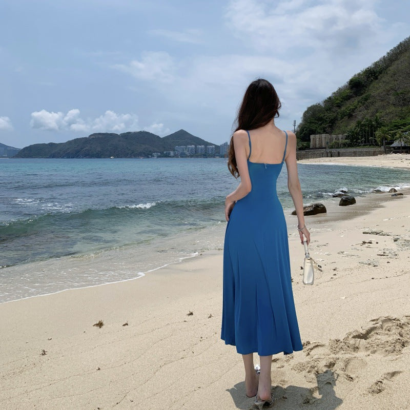 Charming Vacation Style Blue Knit Strapless Dress for Women Summer