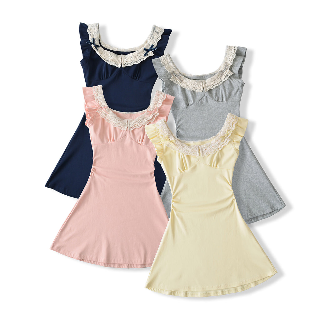 Lace Flutter Sleeve Dress Women Summer Waist A-line Short Skirt