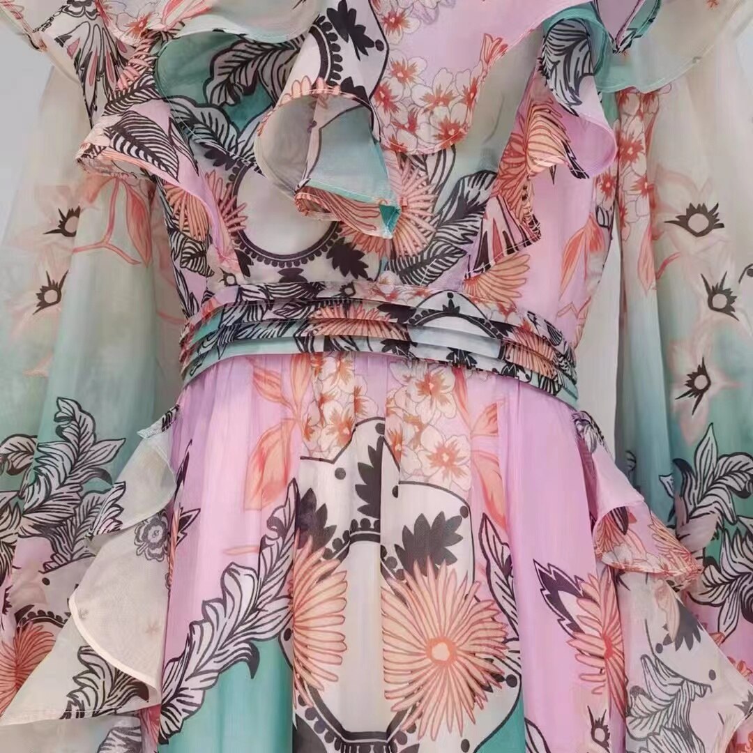 Runway Dress Women Summer Clothes Vintage Ruffles Floral Printed Lantern Sleeve Elegant Designer Brand Party Midi Dresses
