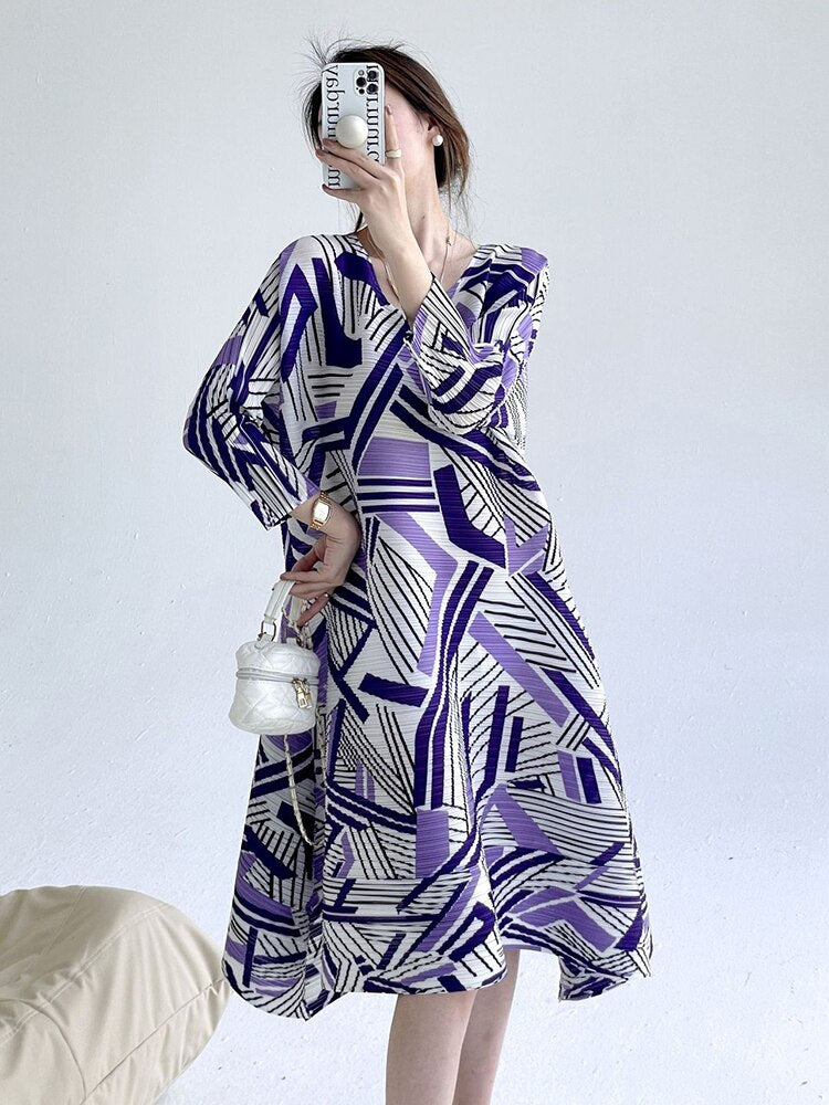 Pleated Dress For Women Contrast Color Printed Round Neck Long Sleeves A-line Dresses Designer