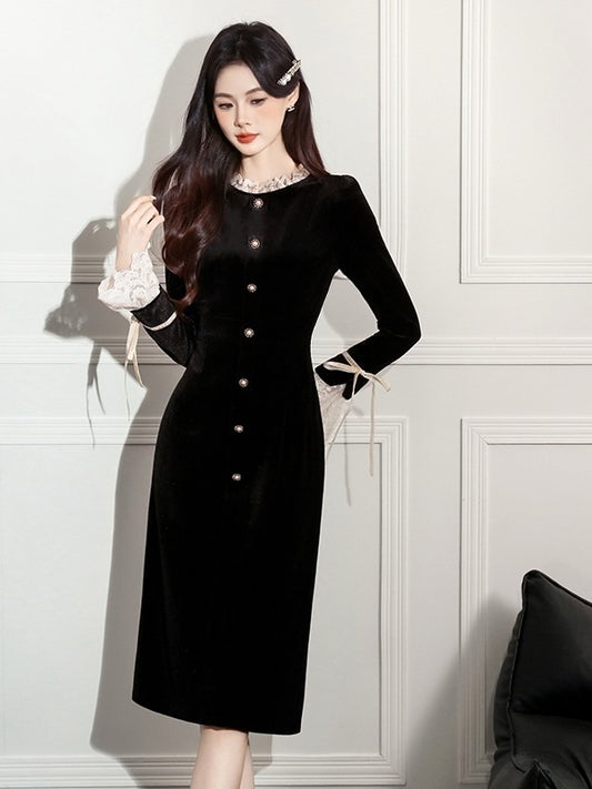 Elegant  Velvet Midi Dress with Lace Trim, Fitted and Slimming Long SleeveRound Neck Casual Party Wear