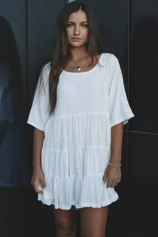 Solid Color Fashion Sequin Round Neck Loose Waist Short Sleeve Dress for Party Formal Wear