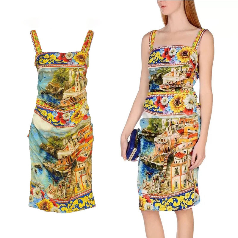 Vintage Painting Floral Printed Camisole Dress Women High Street Designer Fashion Sexy Bodycon Dresses