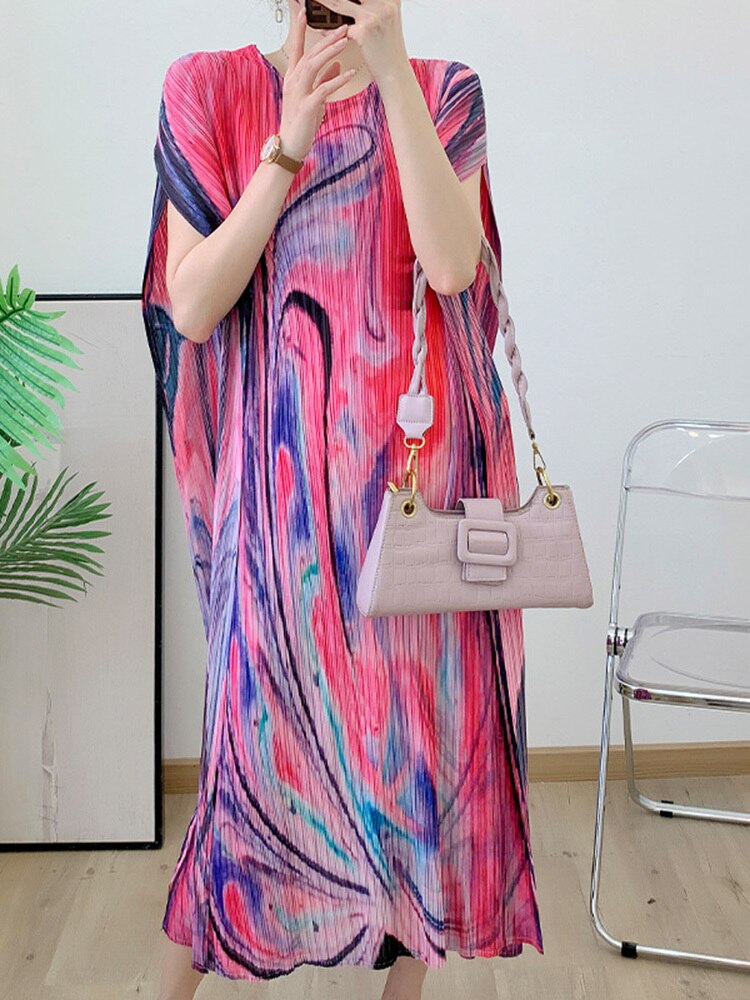 Holiday Pleated Dress For Women Designer Printed Round Neck Straight Dresses Casual Female Clothing