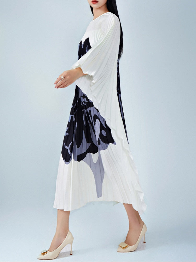 Printed Irregular Pleated Dress For Women Round Neck Batwing Sleeves Designer Dresses Casual Summer New 2YA3393